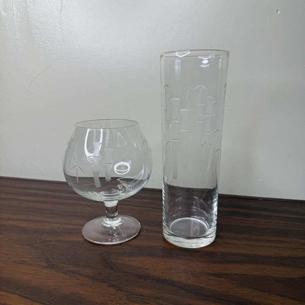 Vintage Noritake Sasaki Bamboo Etched Glass Set of Japan